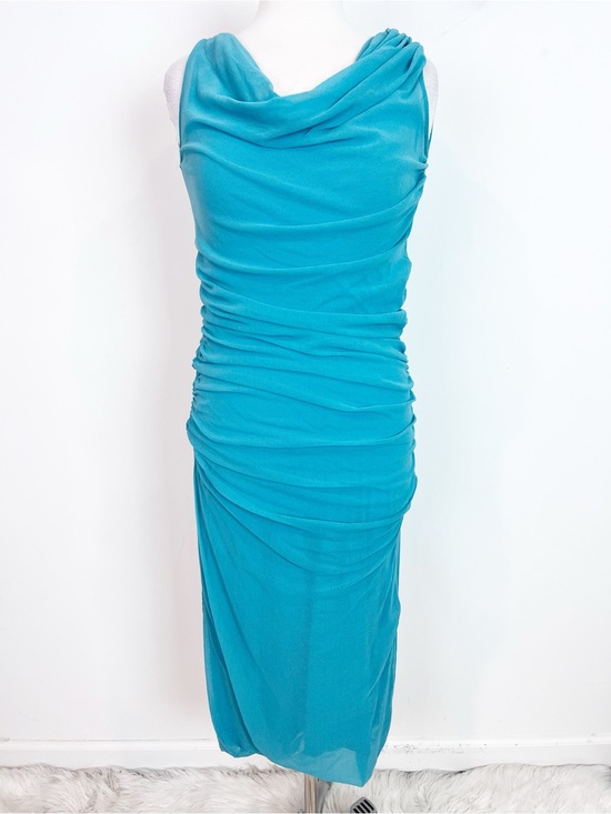 Fuzzi Dresses & Skirts - FUZZI MADE IN ITALY AQUA TURQUOISE BLUE MESH RUCHED SIDE DRESS WOMENS LARGE